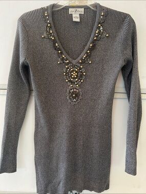 Once Again Gray Embellished V-Neck Ribbed Sweater